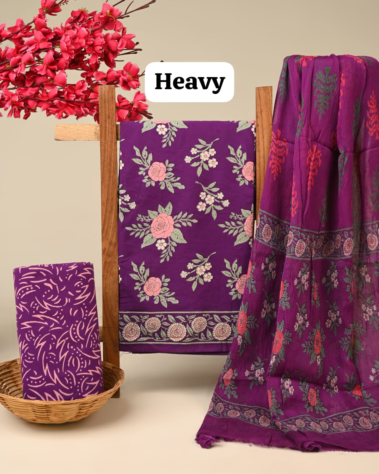 Black butta jaal cotton dress material with chiffon dupatta wholesale, artisan handblock printed cotton fabric set by Fabtexs26